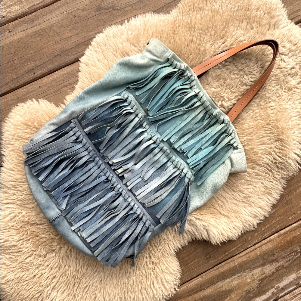 “Holding Horses” Two Tone Ocean Ombré Leather Fringed Bag from Anthropologie